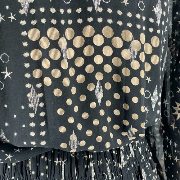 Current Air Black Gold Star Dot Print Long Sleeve Tiered Skirt Boho Mini Dress S - Picture 6 of 14